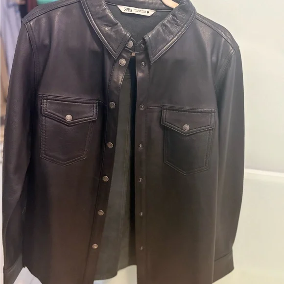 ZaraLeather Oversized Snap Front Shacket Shirt Size XL - Picture 3 of 5